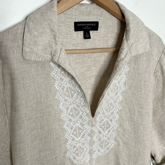 Banana Republic Womens Linen Blend Embroidered Top Large Beige White Neutral - Picture 4 of 9
